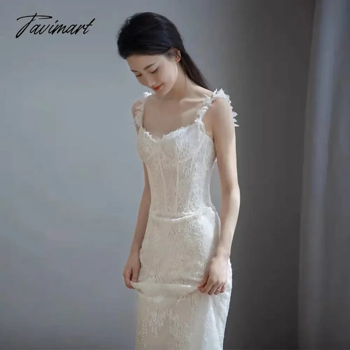 Tavimart - Mermaid Lace Bride Evening Dresses Beach Party Applique Spaghetti Strap Long Embroidery