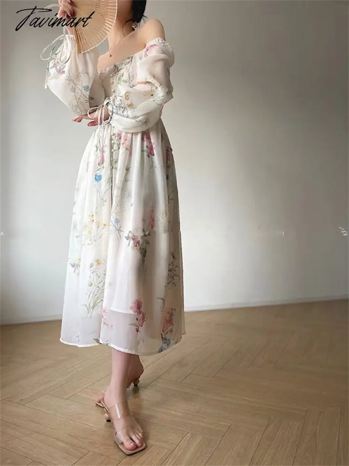 Tavimart - Midi Print Dress Summer New Women Elegent Fashion French Retro Princess Fancy Party Prom