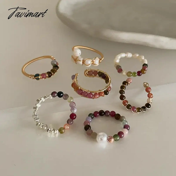 Tavimart Minar Retro Multicolor Natural Stone Beads Strand Charm Rings For Women Shiny Silver Water