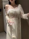 Tavimart Morning Gown Women Long Sleeves Ice Silk Robe Sets Sleepdress Lace Edge Sexy Bridal
