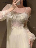 Tavimart Morning Gown Women Long Sleeves Ice Silk Robe Sets Sleepdress Lace Edge Sexy Bridal