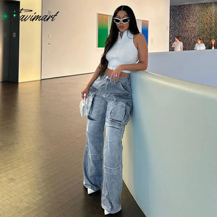 Tavimart Multi Pockets Jeans Cargo Pants Women Y2K Streetwear Button Fly High Waist Loose Casual