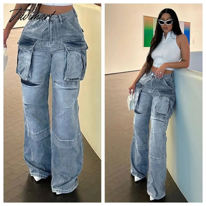 Tavimart Multi Pockets Jeans Cargo Pants Women Y2K Streetwear Button Fly High Waist Loose Casual