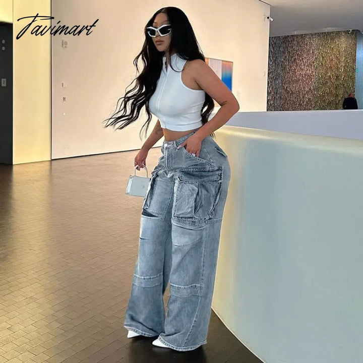 Tavimart Multi Pockets Jeans Cargo Pants Women Y2K Streetwear Button Fly High Waist Loose Casual