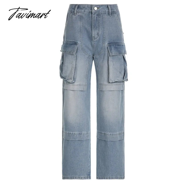 Tavimart Multi Pockets Jeans Cargo Pants Women Y2K Streetwear Button Fly High Waist Loose Casual