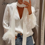 Tavimart New Design Feather Long Sleeve Blouses Shirts Women Fashion Solid Color Temperament Tops