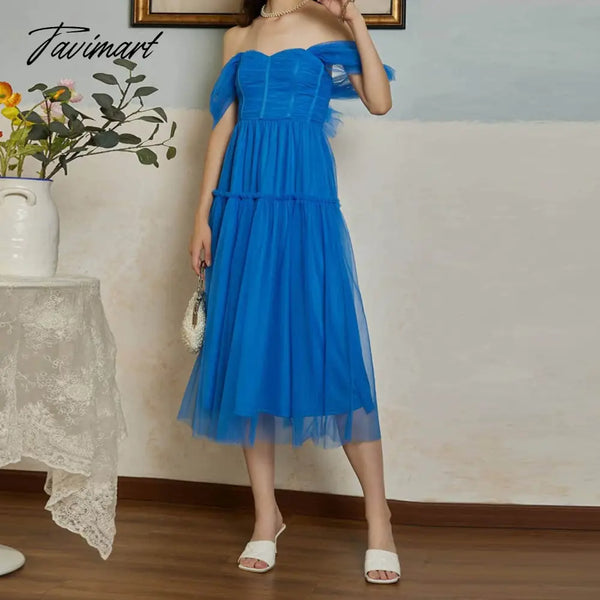 Tavimart New Design Off Shoulder Sexy Evening Dresses For Women Blue Tulle Luxury Princess Wedding