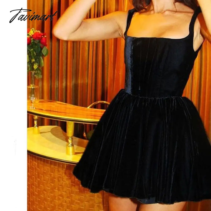 Tavimart New Dress Party Short Skirt Word Neck Suspender High - End Velvet