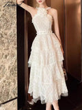 Tavimart New Fashion Luxury Design Runway Long Dress For Women Flower Neck Sleeveless Slim Waist