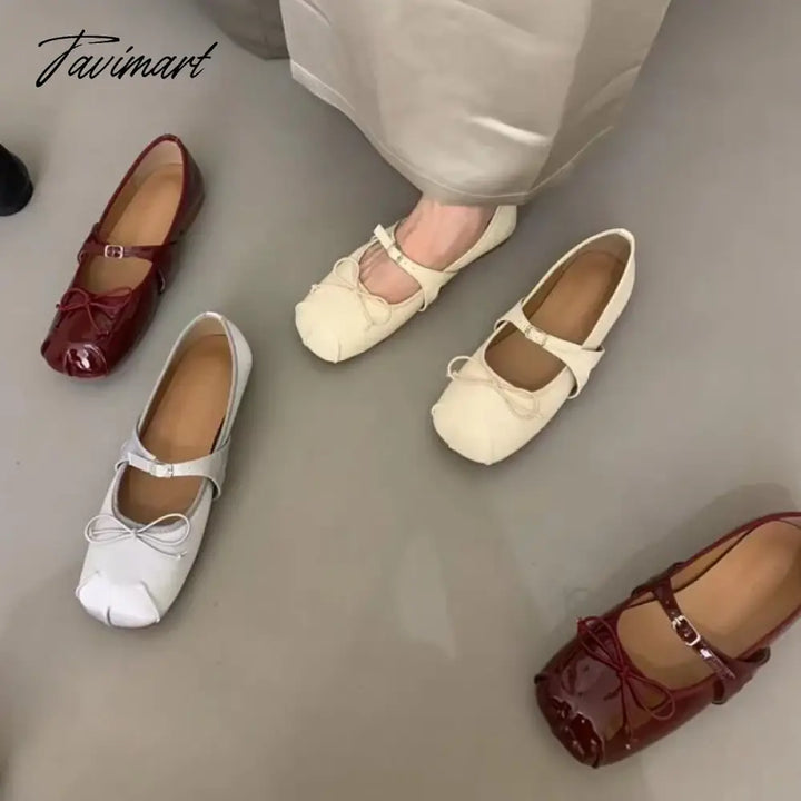 Tavimart - New French Style Classic Silk And Pu Ballet Shoes Women Square Toe Bowtie Flats Elegant