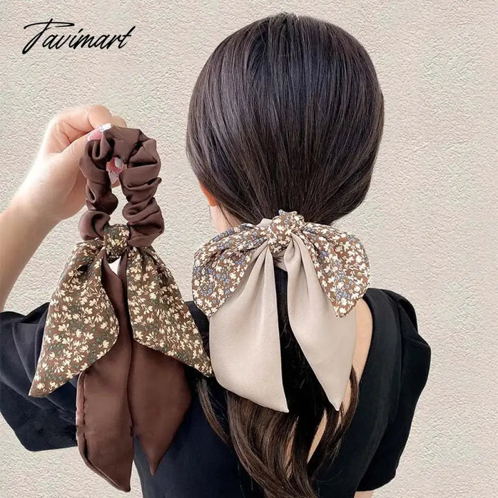 Tavimart New Korean Floral Bowknot Hair Ties For Women Girls Sweet Elastics Long Ribbon Ponytail