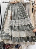 Tavimart New Mori Women’s Elastic Waist Plaid Skirt Lace Stitching Asymmetric Ruffle Cake Female
