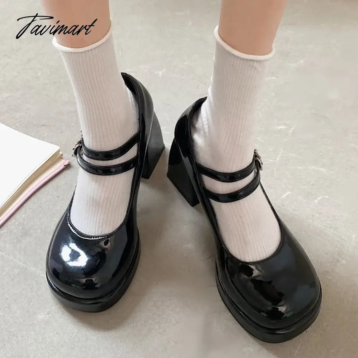 Tavimart New Patent Leather High Heels Pumps Women Double Buckle Ankle Strap Mary Jane Shoes Woman