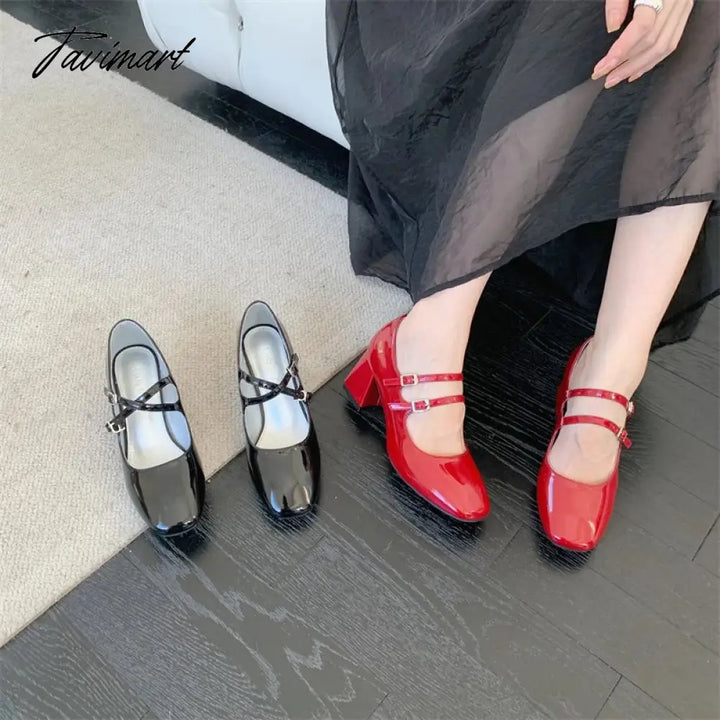 Tavimart - New Spring Korea Flats Fashion Mary Jane Shoes Square Toe Women’s Retro Pu Red Black