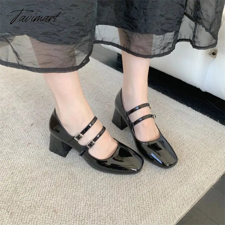 Tavimart - New Spring Korea Flats Fashion Mary Jane Shoes Square Toe Women’s Retro Pu Red Black