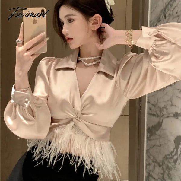 Tavimart New Spring Women Elegant Feather Patchwork Puff Long Sleeve Satin Shirt Top Ladies Sexy V