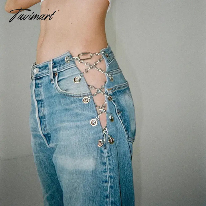 Tavimart New Style Fashion Washing - Side Waist Slit Women’s Denim Pants Irregular Chain Straight