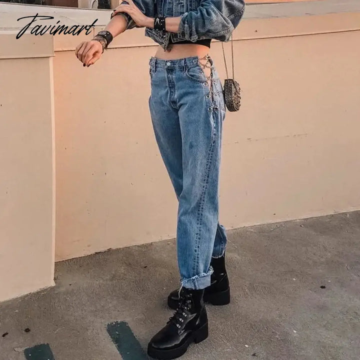 Tavimart New Style Fashion Washing - Side Waist Slit Women’s Denim Pants Irregular Chain Straight