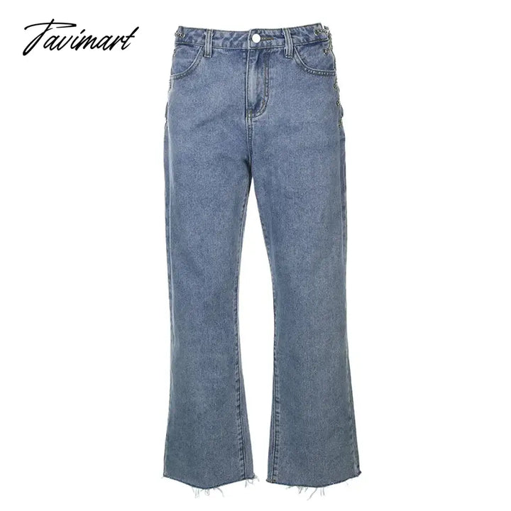 Tavimart New Style Fashion Washing - Side Waist Slit Women’s Denim Pants Irregular Chain Straight