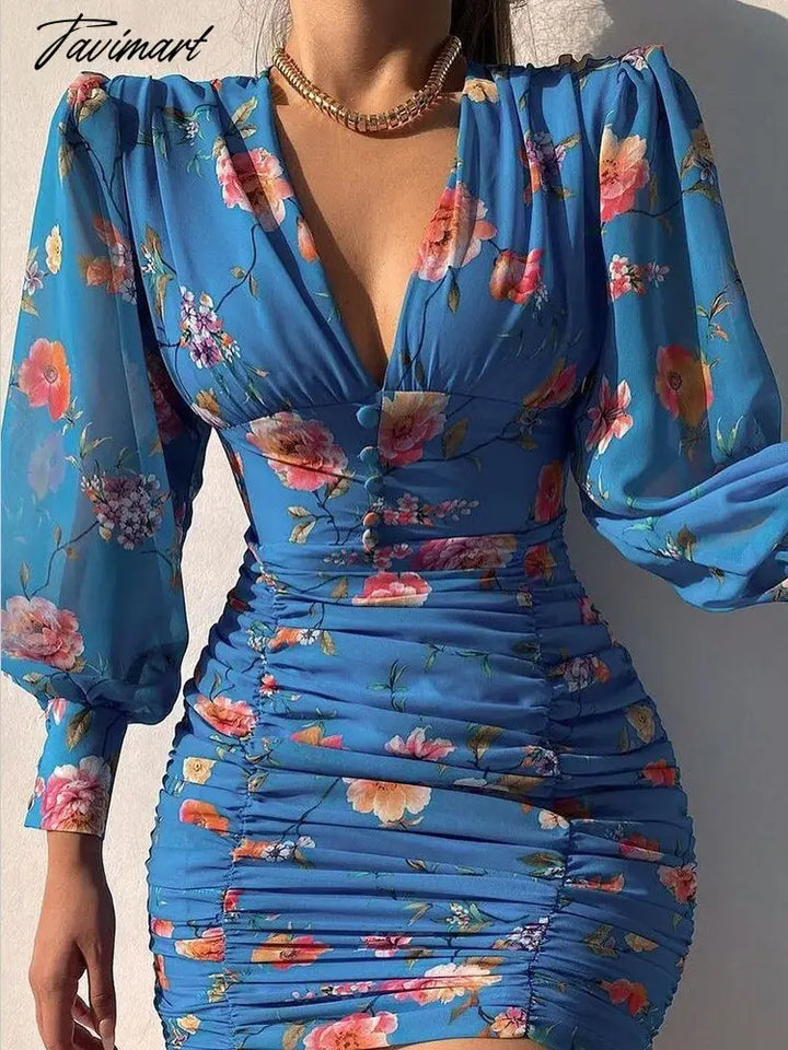 Tavimart New Summer Ladies Dress Elegant Casual Women Pleated Skirt Floral V - Neck Bandage Dresses