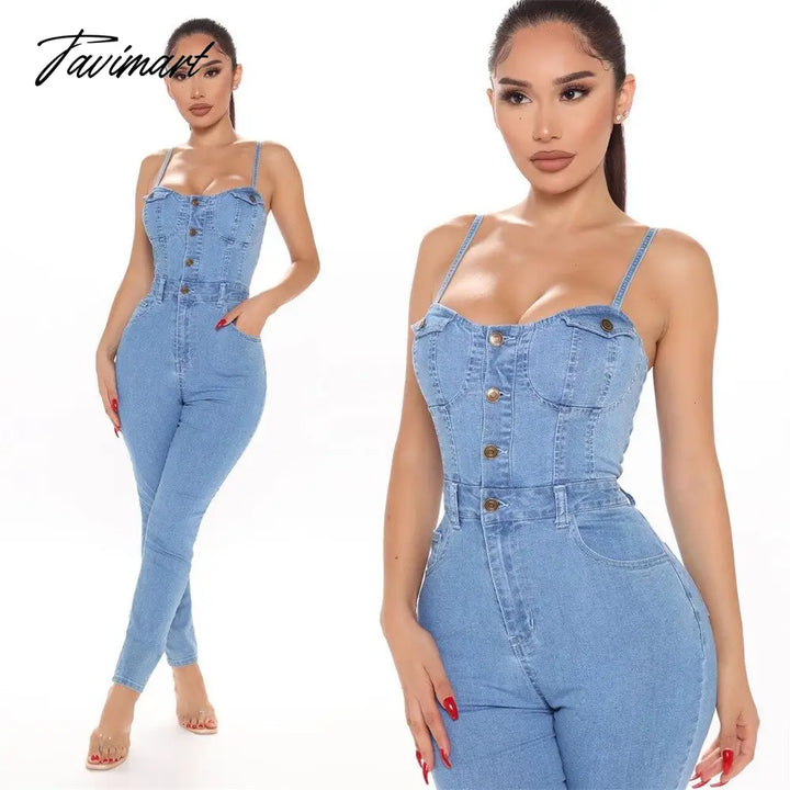 Tavimart New Summer Women Denim Jumpsuit Spaghetti Strap Button Solid Color Blue European American