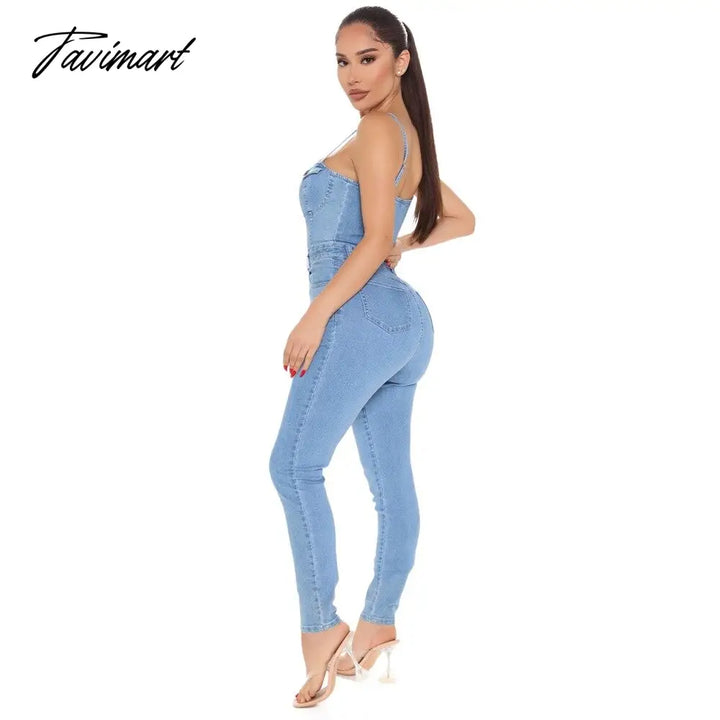 Tavimart New Summer Women Denim Jumpsuit Spaghetti Strap Button Solid Color Blue European American