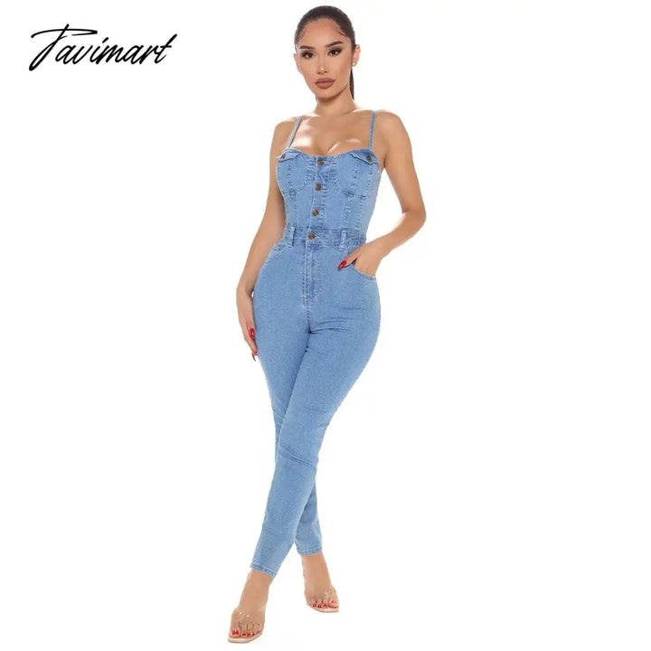 Tavimart New Summer Women Denim Jumpsuit Spaghetti Strap Button Solid Color Blue European American