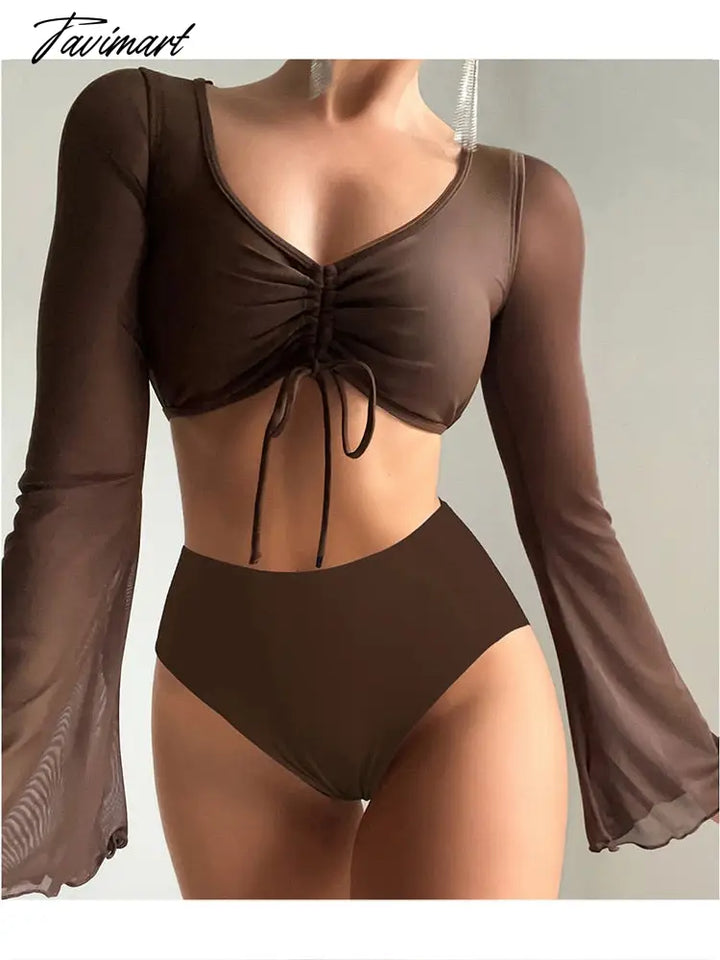 Tavimart New Woman Sexy Swimsuit Bikinis Long Sleeve Sun Protection 2 Piece Sets Split Bathing Suit