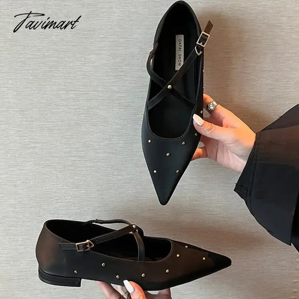 Tavimart - New Women Rivet Cross Flat Shoes Fashion Pointed Toe Shallow Ladies Elegant Dress Falt