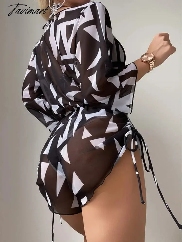 Tavimart New Women Swimsuit Sexy Bikinis With Mesh Long Sleeve Beach Playsuit Cover Up 3 Piece