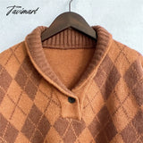 Tavimart New Women Vintage Lattice Pullover Sweater Casual Lapel Long Sleeved Knit Top Autumn