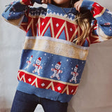 Tavimart New Year Theme Snowman Print O - Neck Long Sleeve Pullover Tops Loose Vintage Knitted