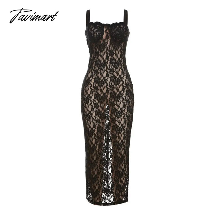 Tavimart Night Dress Women Sexy Slim Fit Slip See Through Prom Gown One Word Neckline Skims Lace