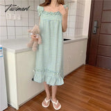 Tavimart Nightgowns Women Plaid Leisure Summer Mid - Calf Simple Sweet Ulzzang Sleepwear Student