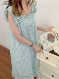 Tavimart Nightgowns Women Plaid Leisure Summer Mid - Calf Simple Sweet Ulzzang Sleepwear Student