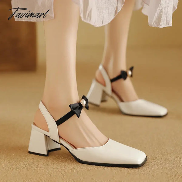 Tavimart - Nude Elegant Sweet Pearl Bow Ankle Wrap Ladies Party Sandals Women Square Toe Block