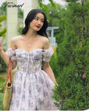 Tavimart Off Shoulder Sexy Elegant Party Dress Women Indie Folk Lavender Floral Print