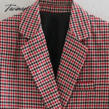 Tavimart Office Ladies Khaki Plaid Tweed Vintage Double Breasted Pockets Oversized Female Coat Za
