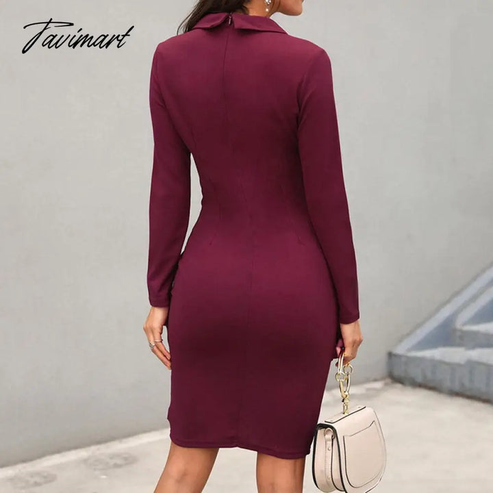 Tavimart Office Lady Slim Fit New Elegant Formal Dress Women Patchwork Button V Neck Solid Spring