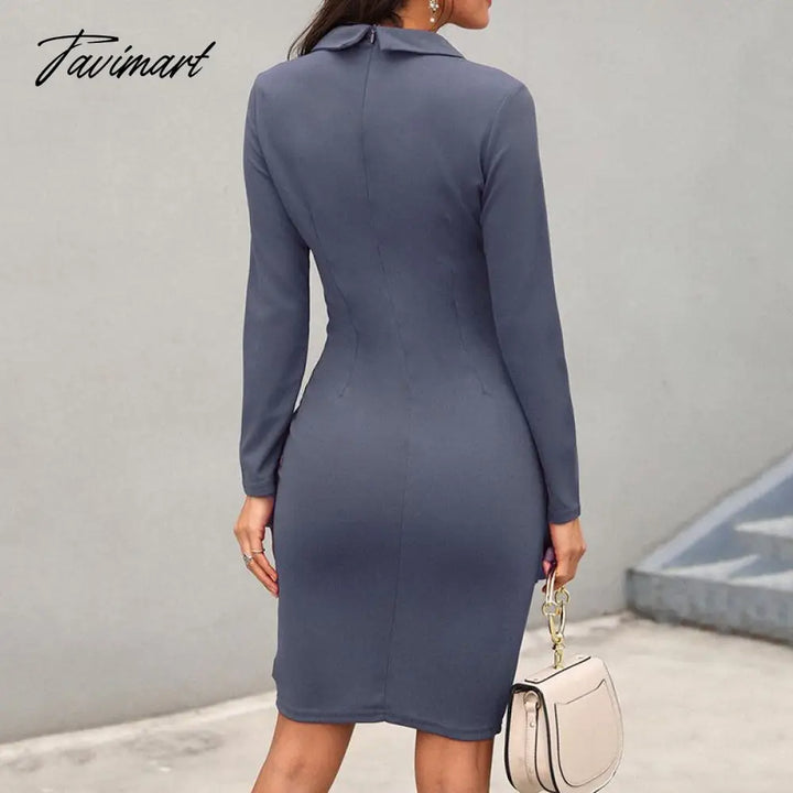 Tavimart Office Lady Slim Fit New Elegant Formal Dress Women Patchwork Button V Neck Solid Spring