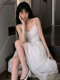 Tavimart One Piece Dress Korean Sleeveless Solid Elegant Fairy Beach Office Lady Summer Casual Midi