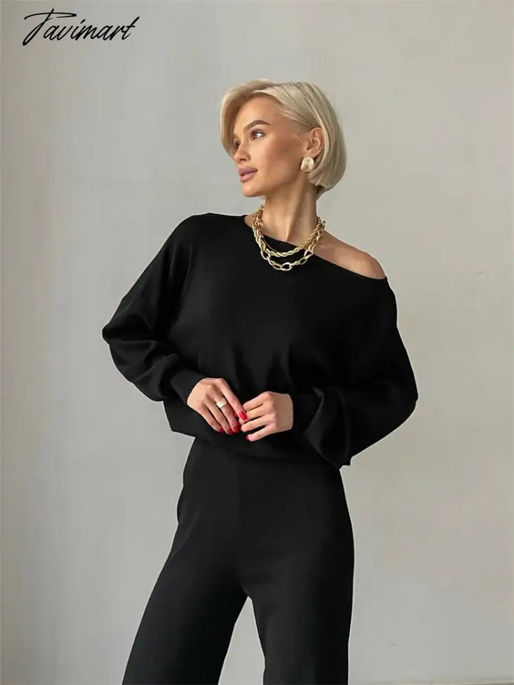 Tavimart One Shoulder Sexy Knit Two Piece Set Casual 2 Tracksuit Women Knitted Pants Suit And Top