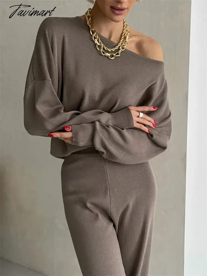 Tavimart One Shoulder Sexy Knit Two Piece Set Casual 2 Tracksuit Women Knitted Pants Suit And Top