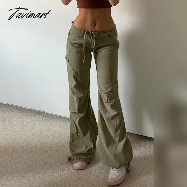 Tavimart Pants Women Green Vintage Baggy Jeans Women Pockets Wide Leg Cargo Streetwear Casual Low