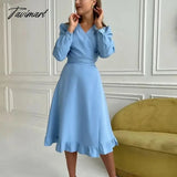 Tavimart Party Dress Bandage Solid Color With Fungus Women Sweet A Line Long Sleeve Robe Female