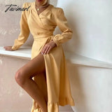 Tavimart Party Dress Bandage Solid Color With Fungus Women Sweet A Line Long Sleeve Robe Female