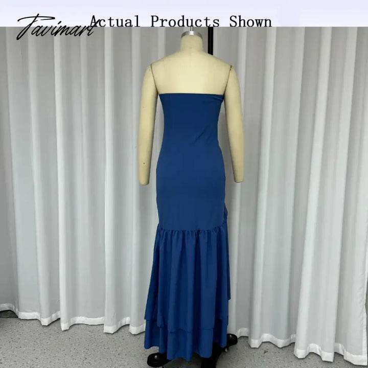 Tavimart Party Long Dress Elegant Solid Strapless Sleeveless Backless Pleated Ruffled Irregular