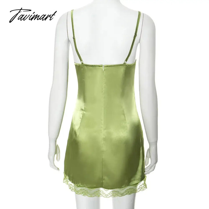 Tavimart - Patchwork Lace A Line Mini Dress Summer Fashion Green Spaghetti Strap Night Going Out