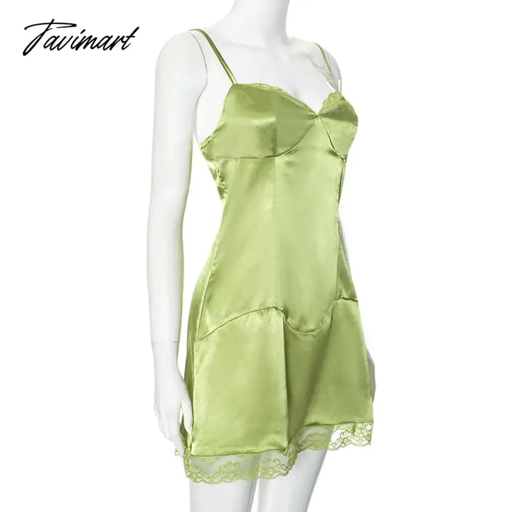 Tavimart - Patchwork Lace A Line Mini Dress Summer Fashion Green Spaghetti Strap Night Going Out