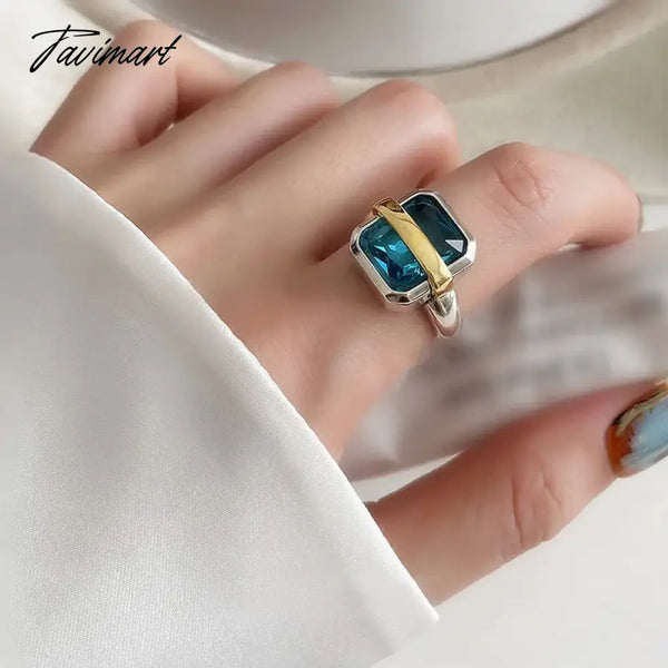 Tavimart Personality Statement Blue Crystal Geometric Rings For Women New Creative Jewelry Open Ring